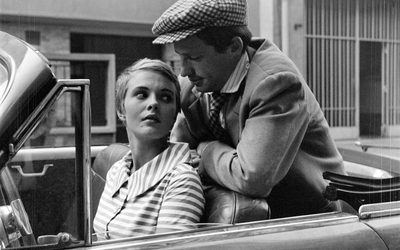 Jean Seberg (1938-1979), actrice américaine, et Jean-Paul Belmondo (1933-2021), acteur français, lors du tournage d'"A bout de souffle", film de Jean-Luc Godard. France, septembre 1959.