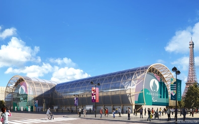 Illustration de l'Arena du Champ de Mars aux couleurs des Jeux olympiques et paralympiques