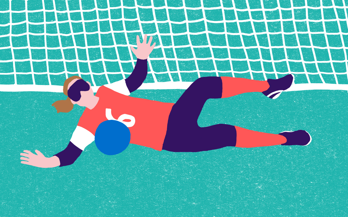 Une illustration avec une joueuse de goalball qui plonge pour arrêter la balle. Elle porte le numéro 6 et son maillot est rose et bleu marine.