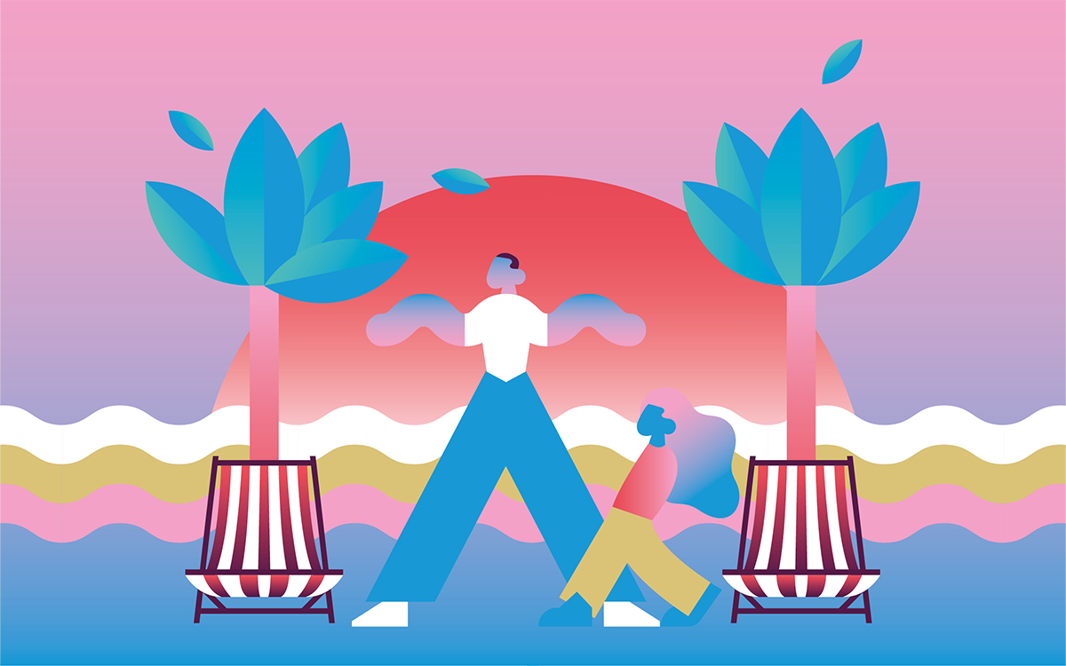 Illustration dans les tons rose et bleu avec des transats et des palmiers